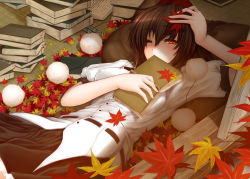 Rule 34 | 1girl, autumn leaves, book, brown hair, covering own mouth, gizensha, half-closed eyes, hand on own head, hat, leaf, lying, on back, one eye closed, red eyes, shameimaru aya, short hair, solo, tokin hat, touhou