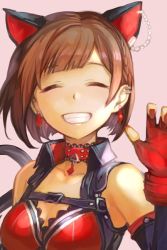 Rule 34 | 10s, 1girl, animal ears, blush, brown hair, cat ears, cat tail, choker, detached sleeves, earrings, closed eyes, fingerless gloves, gloves, hungry clicker, idolmaster, idolmaster cinderella girls, jewelry, maekawa miku, pink background, red gloves, short hair, simple background, smile, solo, tail, teeth