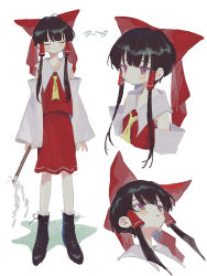 Rule 34 | 1girl, ascot, black footwear, black hair, blush, bolero (bo le ro66), boots, bow, closed eyes, closed mouth, collared vest, commentary, detached sleeves, facing viewer, gohei, hair bow, hair tubes, hakurei reimu, highres, long hair, multiple views, open mouth, purple eyes, red bow, red skirt, red vest, simple background, skirt, touhou, vest, white background, white sleeves, wide sleeves, yellow ascot