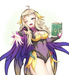 Rule 34 | 1girl, absurdres, bare legs, blonde hair, blush, book, breasts, cape, cleavage, fairy wings, fire emblem, fire emblem fates, fire emblem heroes, grey eyes, hayato stuff, highres, looking at viewer, nintendo, one eye closed, open mouth, ophelia (fire emblem), outstretched hand, smile, thighs, wings