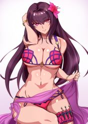 Rule 34 | 1girl, baron (nsbaron), bikini, blush, breasts, cleavage, fate/grand order, fate (series), flower, hair flower, hair ornament, heart o-ring, heart ring top, highres, kunai, large breasts, long hair, looking at viewer, navel, o-ring, o-ring top, purple hair, red eyes, sarong, scathach (fate), scathach (fate/grand order), scathach (swimsuit assassin) (fate), shiny skin, side-tie bikini bottom, simple background, sitting, smile, solo, swimsuit, thigh strap, underboob, weapon