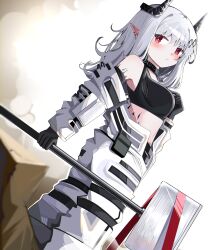 Rule 34 | 1girl, absurdres, arknights, bare shoulders, black gloves, blurry, blurry foreground, blush, breasts, closed mouth, commentary request, depth of field, dutch angle, gloves, grey hair, hair ornament, hammer, hand up, highres, holding, holding hammer, horns, jumpsuit, long hair, medium breasts, mudrock (arknights), off shoulder, open jumpsuit, pointy ears, red eyes, sledgehammer, solo, spam (spamham4506), standing, twisted torso, white jumpsuit