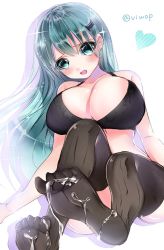 Rule 34 | 1girl, black bra, black thighhighs, blue hair, blush, bra, breasts, cum, cum on body, cum on clothes, cum on feet, feet, green eyes, hair between eyes, hair ornament, hairclip, heart, kantai collection, large breasts, long hair, looking at viewer, no shoes, one-hour drawing challenge, open mouth, simple background, soles, solo, sparkle, suggestive fluid, suzuya (kancolle), thighhighs, toes, twitter username, underwear, viwop, white background