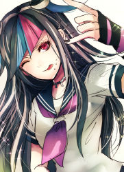 Rule 34 | 1girl, ;p, black hair, black nails, danganronpa (series), danganronpa 2: goodbye despair, dutch angle, ear piercing, floating hair, gloves, hair horns, jewelry, long hair, mioda ibuki, multicolored hair, nail polish, neckerchief, necklace, one eye closed, piercing, purple neckerchief, red eyes, sailor collar, shirt, short sleeves, simple background, solo, striped clothes, striped gloves, tongue, tongue out, upper body, white background, white shirt, z-epto (chat-noir86)