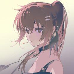 Rule 34 | 1girl, black choker, brown eyes, brown hair, choker, cigarette, close-up, commentary, cross, cross choker, expressionless, eyebrows hidden by hair, eyelashes, from side, grey background, hair between eyes, hair ornament, hairclip, highres, long hair, looking at viewer, minakami yuki, ponytail, simple background, sketch, smoking, solo, subarashiki hibi, symbol-only commentary, tuzaixia