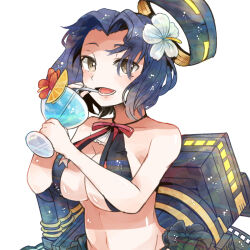 Rule 34 | 1girl, bikini, black bikini, breasts, brown eyes, cleavage, collarbone, cup, drink, drinking glass, drinking straw, flower, hair flower, hair ornament, halo, holding, holding cup, itomugi-kun, kantai collection, large breasts, machinery, mechanical halo, mole, mole under eye, open mouth, purple hair, rigging, short hair, simple background, smile, solo, swimsuit, tatsuta (kancolle), upper body, white background, white flower