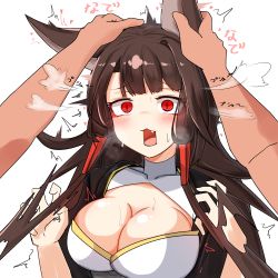 Rule 34 | 1girl, akagi (azur lane), akaoni (zumt3548), animal ears, azur lane, black kimono, blush, breasts, brown hair, cleavage, disembodied hand, ear fondling, eargasm, eyeliner, eyeshadow, fox ears, fox girl, fox tail, grabbing another&#039;s ear, hand on another&#039;s ear, hand on another&#039;s head, headpat, highres, japanese clothes, kimono, kitsune, kyuubi, large breasts, long hair, makeup, multiple tails, out of frame, red eyes, slit pupils, solo focus, tail, uncommon stimulation, white background