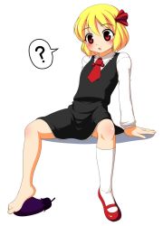 Rule 34 | 1girl, barefoot, blonde hair, eggplant, embodiment of scarlet devil, feet, female focus, full body, rumia, shoes, simple background, sitting, socks, solo, spread legs, touhou, white background
