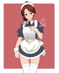 Rule 34 | 1girl, alternate costume, apron, artist logo, black dress, border, brown eyes, brown hair, commentary request, cowboy shot, dated, dress, enmaided, frilled apron, frills, highres, kantai collection, looking at viewer, maid, maid apron, maid headdress, mochizou, one-hour drawing challenge, ponytail, shikinami (kancolle), short hair, solo, string tie, thighhighs, twitter username, two-tone background, white apron, white border, white thighhighs, wrist cuffs