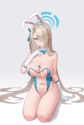 Rule 34 | 1girl, absurdres, animal ears, asuna (blue archive), asuna (bunny) (blue archive), bad id, bad pixiv id, between breasts, blonde hair, blue archive, blue bow, blue bowtie, blue eyes, blue leotard, bow, bowtie, breasts, card, card between breasts, cleavage, covered erect nipples, covered navel, detached collar, elbow gloves, fake animal ears, gloves, grin, hair over one eye, halo, hand on own chest, highres, kneeling, large breasts, leotard, long hair, looking at viewer, meme attire, parted lips, playboy bunny, rabbit ears, see-through, see-through leotard, simple background, smile, solo, translucent bunnysuit, very long hair, white gloves, yinori