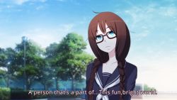 Rule 34 | 1girl, absurdres, anime coloring, black hair, blue eyes, blue sky, braid, closed mouth, cloud, collarbone, commentary, emergence (shindol), english text, expressionless, fake screenshot, hair between eyes, highres, long hair, outdoors, sailor collar, school uniform, sky, solo, subtitled, tree, twin braids, upper body, xkit, yoshida saki