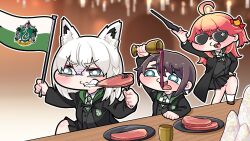 Rule 34 | 3girls, ahoge, animal ears, black hair, black robe, blue eyes, braid, chalice, check commentary, chewing, clenched teeth, commentary request, cup, diagonal-striped clothes, diagonal-striped necktie, drinking, eating, flag, fork, fox ears, fox girl, green necktie, highres, hogwarts legacy, hogwarts school uniform, holding, holding flag, holding fork, holding wand, hololive, komainu channel, miniskirt, multiple girls, necktie, one side up, oozora subaru, pink hair, plate, pleated skirt, robe, sakura miko, school uniform, shirakami fubuki, short hair, side braid, skirt, slytherin, striped clothes, sunglasses, teeth, tongue, tongue out, virtual youtuber, wall-eyed, wand, white background, wizarding world