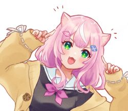 Rule 34 | 1girl, :d, animal ear fluff, animal ears, black shirt, blush, fangs, green eyes, hands up, hood, hood down, hooded jacket, jacket, leaning to the side, long hair, long sleeves, looking at viewer, multicolored hair, nijisanji, nijisanji kr, notice lines, nuno (pppompon), open clothes, open jacket, open mouth, pink hair, puffy long sleeves, puffy sleeves, sailor collar, shirt, simple background, sleeves past wrists, smile, solo, streaked hair, upper body, virtual youtuber, white background, white hair, white sailor collar, yang nari, yang nari (1st costume), yellow jacket