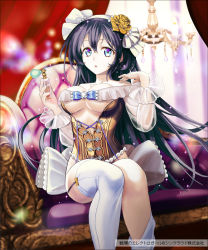 Rule 34 | 1girl, :o, bare shoulders, black hair, blue eyes, bottle, bow, breasts, chair, chandelier, collarbone, copyright name, corset, curtains, flower, garter straps, hair between eyes, hair flower, hair ornament, hair ribbon, holding, kuroi nyan, long hair, looking at viewer, official art, perfume bottle, ribbon, see-through, senjou no electro girl, sitting, solo, sparkle, thighhighs, underboob, white bow, white thighhighs