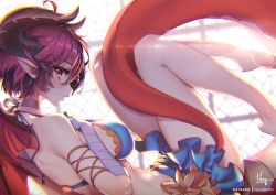 Rule 34 | 1girl, ahoge, bandaged hand, bare legs, bare shoulders, barefoot, blush, breasts, dragon girl, dragon horns, dragon tail, dragon wings, from side, granblue fantasy, grea (shingeki no bahamut), hair between eyes, hand on own chest, hong (white spider), horns, indoors, large breasts, legs up, looking at viewer, lying, on back, parted lips, patreon username, pointy ears, purple hair, red eyes, shingeki no bahamut, short hair, signature, skirt, solo, sunlight, tail, window, wings