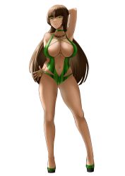Rule 34 | 1girl, absurdres, arm behind back, arm behind head, bare shoulders, breasts, brown hair, chest tattoo, closed mouth, collarbone, commentary, commission, covered erect nipples, dark-skinned female, dark skin, felicia castro, full body, green eyes, green one-piece swimsuit, highres, large breasts, legs, lips, long hair, looking at viewer, navel, one-piece swimsuit, original, pixiv commission, sandals, sankyo (821-scoville), smile, solo, standing, stomach, swimsuit, tattoo, thighs, transparent background