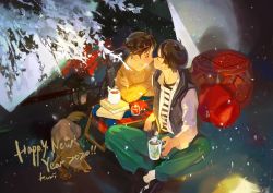 Rule 34 | 1boy, 1girl, animal ears, black vest, book, candle, cup, dated, dog ears, english text, green pants, happy new year, kuribulb, long sleeves, new year, original, pants, shirt, signature, sitting, steam, striped clothes, striped shirt, sweater, tree, vest, yellow sweater