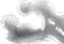 Rule 34 | 2boys, anal, ass, back, bed, blush, closed eyes, completely nude, couple, hatake kakashi, hugging object, male focus, male penetrated, multiple boys, naruto (series), naruto shippuuden, nude, open mouth, penis, pillow, pillow hug, prone bone, scar, scar across eye, sex, sex from behind, short hair, siinnk, sweat, tongue, tongue out, uchiha obito, yaoi