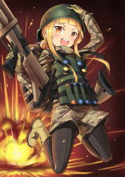 Rule 34 | 1girl, :d, arm up, black pantyhose, blonde hair, blush, boots, brown eyes, camouflage, camouflage jacket, camouflage shorts, commentary request, explosion, explosive, fukaziroh (sao), gloves, green footwear, green gloves, grenade, grenade cartridge, grenade launcher, gun, hair bun, hand on headwear, helmet, hidariko (sao), holding, holding gun, holding weapon, jacket, jumping, large-caliber cartridge, lo xueming, long hair, long sleeves, looking at viewer, migita (sao), milkor mgl, open mouth, pantyhose, revolver grenade launcher, round teeth, short shorts, shorts, sidelocks, single hair bun, smile, solo, sword art online, sword art online alternative: gun gale online, teeth, trigger discipline, upper teeth only, v-shaped eyebrows, very long hair, weapon
