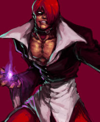Rule 34 | 1boy, blood, collar, fire, hair over one eye, image sample, injury, looking at viewer, male focus, muscular, pants, purple fire, pyrokinesis, red hair, red pants, scarlet desires, scarletdesires, short hair, snk, solo, standing, the king of fighters, white eyes, yagami iori