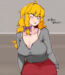 Rule 34 | 1girl, ahoge, archived source, bad id, bad twitter id, black bra, blonde hair, bow, bra, bra peek, braid, breasts, cleavage, commentary request, cookie (touhou), cowboy shot, grey sweater, hair bow, highres, kirisame marisa, large breasts, long hair, long sleeves, looking afar, looking to the side, low neckline, mars (cookie), ohasi, open mouth, purple bow, red skirt, ribbed sweater, side braid, single braid, skirt, solo, sweater, touhou, translation request, underwear