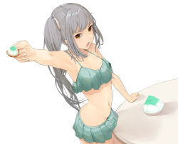 Rule 34 | 1girl, aqua bikini, bikini, bikini skirt, bowl, breasts, brown eyes, collarbone, cowboy shot, food, fuwafuwatoufu, grey hair, hair ribbon, highres, holding, holding food, holding spoon, kantai collection, kasumi (kancolle), long hair, looking at viewer, navel, official alternate costume, open mouth, ribbon, shaved ice, side ponytail, simple background, small breasts, solo, spoon, swimsuit, table, white background, white ribbon