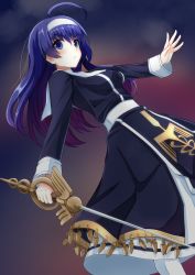 Rule 34 | 1girl, ahoge, blue dress, blue eyes, blue hair, breasts, commentary request, dress, hairband, highres, holding, holding sword, holding weapon, huge ahoge, long dress, long hair, looking at viewer, medium breasts, ncec-ninja, orie ballardiae harada, rapier, socks, solo, standing, sword, under night in-birth, v-shaped eyebrows, weapon, white hairband, white socks