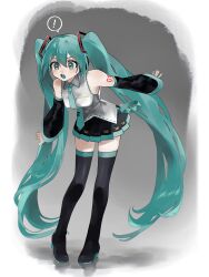 Rule 34 | !, 1girl, :o, aqua eyes, aqua hair, aqua necktie, aqua tongue, arm tattoo, black footwear, black skirt, boots, breasts, collared shirt, commentary, detached sleeves, grey background, grey shirt, hair between eyes, hatsune miku, highres, leaning forward, long hair, medium breasts, necktie, pleated skirt, shadow, shirt, skirt, sleeveless, sleeveless shirt, sleeves past wrists, solo, spoken exclamation mark, surprised, tattoo, thigh boots, twintails, very long hair, vocaloid, wai. (y 7087)
