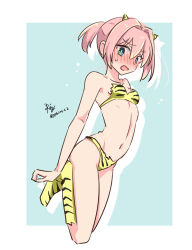 Rule 34 | 1girl, animal print, bare arms, bare shoulders, bikini, blue background, blue eyes, blush, breasts, collarbone, commentary request, drop shadow, full body, hair between eyes, hair intakes, kantai collection, kneehighs, looking at viewer, navel, nose blush, open mouth, pink hair, ponytail, print bikini, print socks, r-king, shiranui (kancolle), small breasts, socks, solo, sweat, swimsuit, tiger print, twitter username, two-tone background, white background, yellow bikini, yellow socks