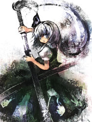 Rule 34 | 1girl, female focus, ghost, hitodama, katana, konpaku youmu, konpaku youmu (ghost), ribbon, school uniform, serafuku, short hair, silver hair, solo, sword, touhou, ukyo rst, weapon