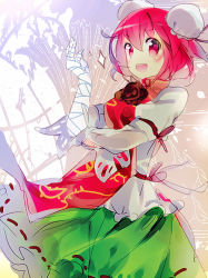 Rule 34 | 1girl, bandages, bun cover, chinese clothes, double bun, female focus, flower, ibaraki kasen, looking at viewer, namie-kun, open mouth, pink eyes, pink hair, red flower, red rose, rose, short hair, sketch, skirt, smile, solo, tabard, touhou