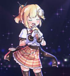 Rule 34 | 1girl, adapted costume, alternate hairstyle, blonde hair, closed eyes, gloves, hair ornament, high-waist skirt, highres, hololive, hololive english, idol, idol clothes, kiirokuma, microphone, music, open mouth, plaid, plaid skirt, pocket watch, ponytail, singing, skirt, solo, syringe, syringe hair ornament, thighhighs, virtual youtuber, watch, watson amelia, watson amelia (1st costume), zettai ryouiki