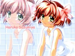 Rule 34 | 00s, 1girl, :d, bare shoulders, blush stickers, bow, checkered background, collarbone, dress, green eyes, hair bow, kimi ga nozomu eien, looking at viewer, open mouth, pink bow, pink hair, sleeveless, sleeveless dress, smile, solo, sundress, suzumiya haruka, wallpaper, white dress