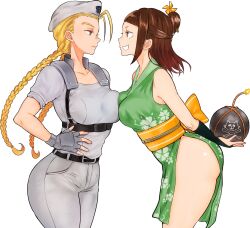 Rule 34 | 2girls, arms behind back, ass, asymmetrical docking, blunt bangs, bomb, braid, breast press, breasts, brown eyes, brown hair, cammy white, commentary request, explosive, eye (mememem), fingerless gloves, from side, gloves, grey pants, grin, hair bun, hand on own hip, highres, holding, holding bomb, japanese clothes, long hair, low twin braids, medium breasts, multiple girls, pants, resident evil, resident evil 1, side slit, single hair bun, smile, street fighter, street fighter v, thighs, twin braids, unamused