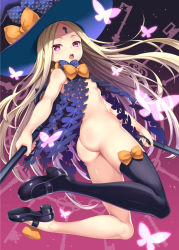 Rule 34 | 1girl, abigail williams (fate), abigail williams (second ascension) (fate), ass, black bow, black footwear, black hat, black thighhighs, blonde hair, blush, bottomless, bow, breasts, bug, butterfly, dual wielding, fate/grand order, fate (series), hat, hat bow, holding, insect, kase daiki, key, keyhole, long hair, looking at viewer, mary janes, no panties, open mouth, orange bow, parted bangs, polka dot, purple eyes, shoes, single thighhigh, small breasts, solo, star (symbol), star print, teeth, thighhighs, upper teeth only, very long hair, witch hat