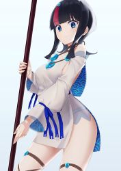 Rule 34 | 1girl, bare shoulders, black hair, blue eyes, blue ribbon, breasts, collarbone, dress, fate/grand order, fate/requiem, fate (series), highres, jewelry, knightsaru, large breasts, long sleeves, looking at viewer, magatama, magatama hair ornament, magatama necklace, medium hair, multicolored hair, necklace, pelvic curtain, pink hair, polearm, puffy long sleeves, puffy sleeves, ribbon, seigaiha, short dress, sideboob, sideless outfit, smile, spear, streaked hair, thighs, utsumi erice, weapon, white dress