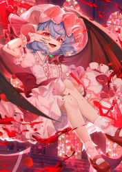 Rule 34 | 1girl, :d, absurdres, arm up, ascot, back bow, bloomers, blue hair, bow, brooch, buttons, commentary, dress, dress bow, eyelashes, fang, floating, frilled dress, frilled hat, frills, gem, green gemstone, hat, highres, jewelry, knees, looking at viewer, lushuao, mary janes, open mouth, puffy short sleeves, puffy sleeves, red ascot, red bow, red eyes, red footwear, red ribbon, red sash, remilia scarlet, ribbon, sash, shoes, short hair, short sleeves, sitting, skin fang, smile, socks, solo, touhou, underwear, v over eye, white socks, window, wings, wrist cuffs