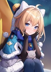 Rule 34 | 1girl, ahoge, animal, animal ear hood, animal ears, animal on lap, aurora, black gloves, blonde hair, blue capelet, blue eyes, blue pantyhose, blue scarf, capelet, cat, closed mouth, commentary, dot nose, elbow gloves, english commentary, fake animal ears, fur-trimmed capelet, fur trim, gloves, grey cat, hair between eyes, hands on own face, head rest, highres, hitsukuya, honkai: star rail, honkai (series), hood, looking at viewer, lynx landau, on lap, pantyhose, pom pom (clothes), scarf, simple background, sitting, smile, solo, split mouth