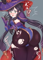 Rule 34 | !?, 1girl, artist request, ass, black hair, blush, breasts, cape, constricted pupils, detached sleeves, elbow gloves, embarrassed, flying sweatdrops, from behind, genshin impact, gloves, green eyes, hair ornament, hair ribbon, hat, highres, huge ass, leotard, long hair, looking at viewer, mona (genshin impact), open mouth, pantyhose, ribbon, shiny clothes, shiny skin, sideboob, smile, solo, surprised, thick thighs, thighlet, thighs, torn clothes, torn pantyhose, translation request, twintails, very long hair