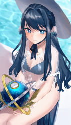 Rule 34 | 1girl, arknights, armillary sphere, astesia (arknights), bikini, blue bikini, blue eyes, blue hair, celestial globe, commentary request, criss-cross halter, hair intakes, halterneck, highres, jfjf, long hair, looking at viewer, navel, partial commentary, see-through, shirt, short sleeves, sitting, smile, solo, swimsuit, thighs, water, white headwear