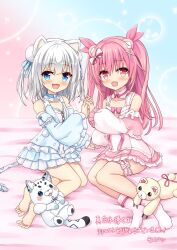 Rule 34 | 2girls, animal ears, bare shoulders, barefoot, blue dress, blue eyes, blush, collar, commentary request, commission, detached sleeves, doll, dot nose, dress, fang, full body, hair between eyes, hair ornament, highres, himekuma ribon, holding hands, interlocked fingers, kohaku nene, la peche party, looking at viewer, medium hair, morokoshi (tekku), multiple girls, open mouth, pink eyes, pink hair, pink socks, puffy sleeves, re:act, second-party source, sitting, skeb commission, socks, straight hair, stuffed animal, stuffed toy, tail, thigh strap, translation request, virtual youtuber, white hair, x hair ornament