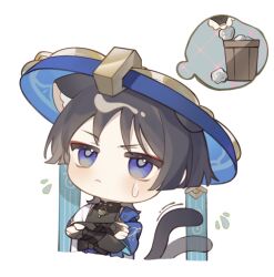 1boy animal_ear_fluff animal_ears armor black_bow black_bridal_gauntlets black_hair blue_cape blue_hat blunt_ends bow bridal_gauntlets cape cat_boy cat_ears cat_tail chibi closed_mouth cropped_torso crossed_arms eyeliner eyeshadow flying_sweatdrops genshin_impact gold gold_ring hat japanese_armor japanese_clothes jingasa kimono kote kurokote makeup male_focus maomaoyu middle_ring open_clothes open_kimono paper purple_eyes purple_rope red_eyeliner red_eyeshadow rope scaramouche_(genshin_impact) short_sleeves shoulder_peek solo spoken_object sweatdrop tail tail_wagging three_quarter_view tilted_headwear trash_can v-shaped_eyebrows wanderer_(genshin_impact) white_background white_kimono white_sleeves white_trim