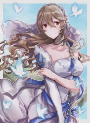 Rule 34 | 1girl, aiueo1234853, alternate costume, bad id, bad twitter id, bug, butterfly, closed mouth, corrin (female) (fire emblem), corrin (fire emblem), dress, fire emblem, fire emblem fates, fire emblem heroes, highres, insect, intelligent systems, long hair, nintendo, official alternate costume, pointy ears, red eyes, smile, solo, veil, white dress, white hair
