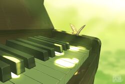 animal_focus bug butterfly highres insect instrument landscape no_humans on_piano original outdoors piano sunlight taizo_(taizo_03)