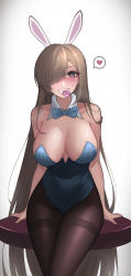 Rule 34 | 1girl, absurdres, asuna (blue archive), asuna (bunny) (blue archive), black pantyhose, blue archive, bow, bowtie, breasts, condom, condom in mouth, condom wrapper, detached collar, heart, heart-shaped pupils, highres, leotard, mole, mole on breast, mouth hold, pantyhose, playboy bunny, simple background, solo, symbol-shaped pupils, tagme, traditional bowtie, white background, xsx