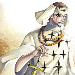 Rule 34 | 1boy, commentary request, facepaint, head scarf, high collar, highres, holding, holding sword, holding weapon, jewelry, kafuyutns, long sleeves, looking at viewer, male focus, necklace, one piece, pearl necklace, pell, planted, planted sword, planted weapon, robe, short hair, solo, sword, twitter username, weapon, white robe