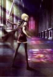 Rule 34 | 00s, 1girl, absurdres, alternate costume, bare shoulders, blonde hair, cape, clare (claymore), claymore (series), claymore (sword), grey eyes, highres, short hair, solo, sword, thighhighs, weapon