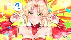 Rule 34 | 1girl, ?, absurdres, artist name, bandeau, bare shoulders, braid, breasts, cleavage, closed mouth, collarbone, confetti, detached collar, detached sleeves, double v, emotional engine - full drive, fate/apocrypha, fate/grand order, fate (series), french braid, gonburu juan, green eyes, hair ornament, hair scrunchie, highres, long hair, looking at viewer, mordred (fate), mordred (fate/apocrypha), parted bangs, ponytail, red scrunchie, scrunchie, sidelocks, small breasts, solo, sparkle, spoken question mark, star (symbol), v, yellow background