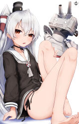Rule 34 | 1girl, absurdres, amatsukaze (kancolle), anchor symbol, barefoot, black choker, black dress, black panties, blush, breasts, brown eyes, choker, dress, fang, grey neckerchief, hair between eyes, hair tubes, highres, kantai collection, knees up, legs, long hair, long legs, long sleeves, looking at viewer, mok4suke, neckerchief, open mouth, panties, rensouhou-kun, sailor collar, sailor dress, short dress, side-tie panties, simple background, skin fang, small breasts, toes, two side up, underwear, white background, white hair