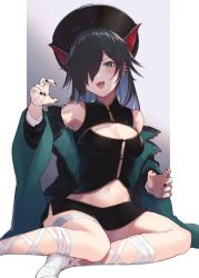 Rule 34 | 1girl, animal ears, bandaged hand, bandaged leg, bandages, black hair, black hat, black nails, black skirt, blue eyes, blush, breasts, chinese clothes, claw pose, cleavage, dragon ears, ear piercing, extra ears, eyes visible through hair, fangs, fingernails, hair over one eye, hat, large breasts, long hair, midriff, nail polish, navel, ngtr kaina, off shoulder, ofuda, open mouth, piercing, puzzle &amp; dragons, roche (p&amp;d), side slit, simple background, sitting, skirt, solo